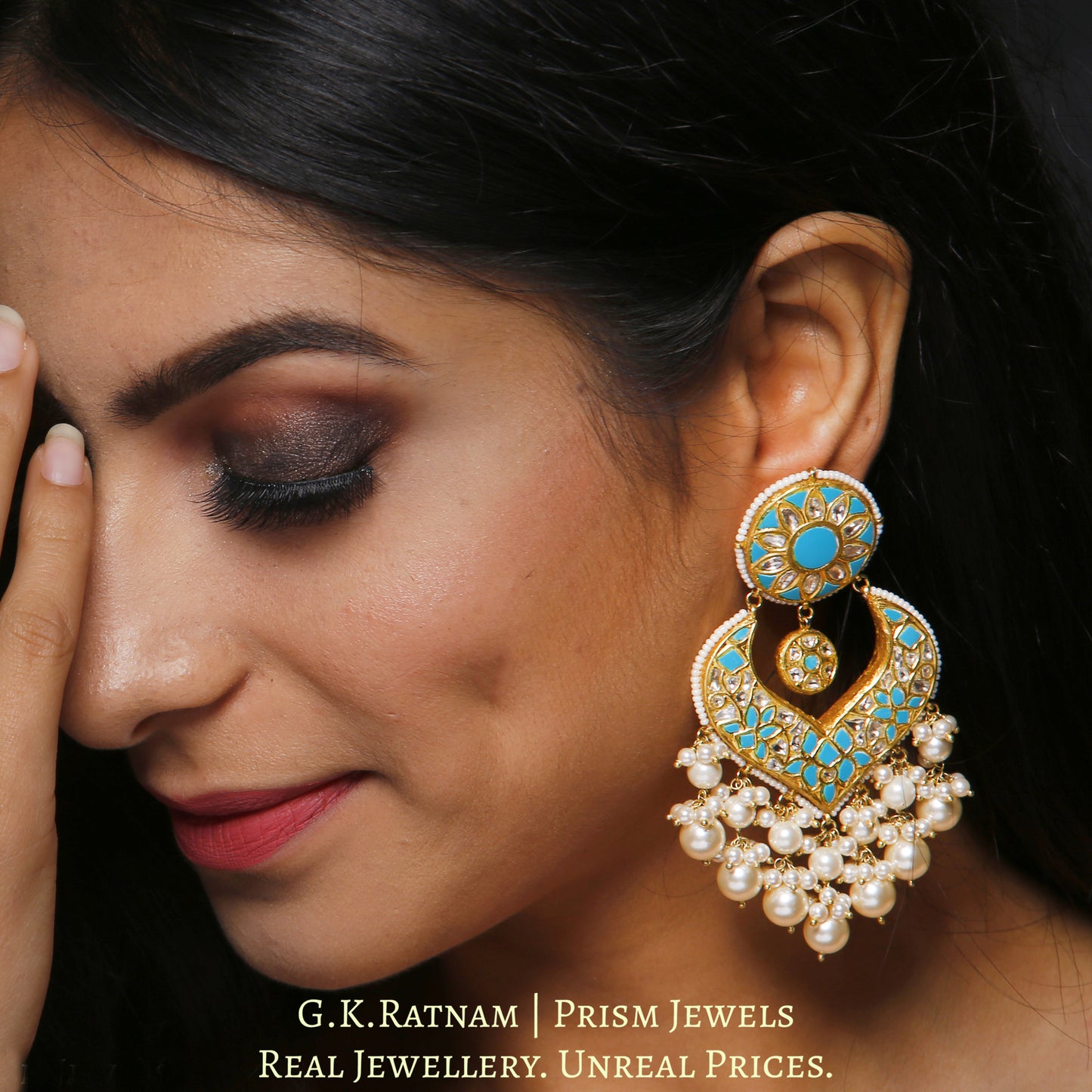 23k Gold and Diamond Polki Chand Bali Earring Pair with Firozas - G. K. Ratnam