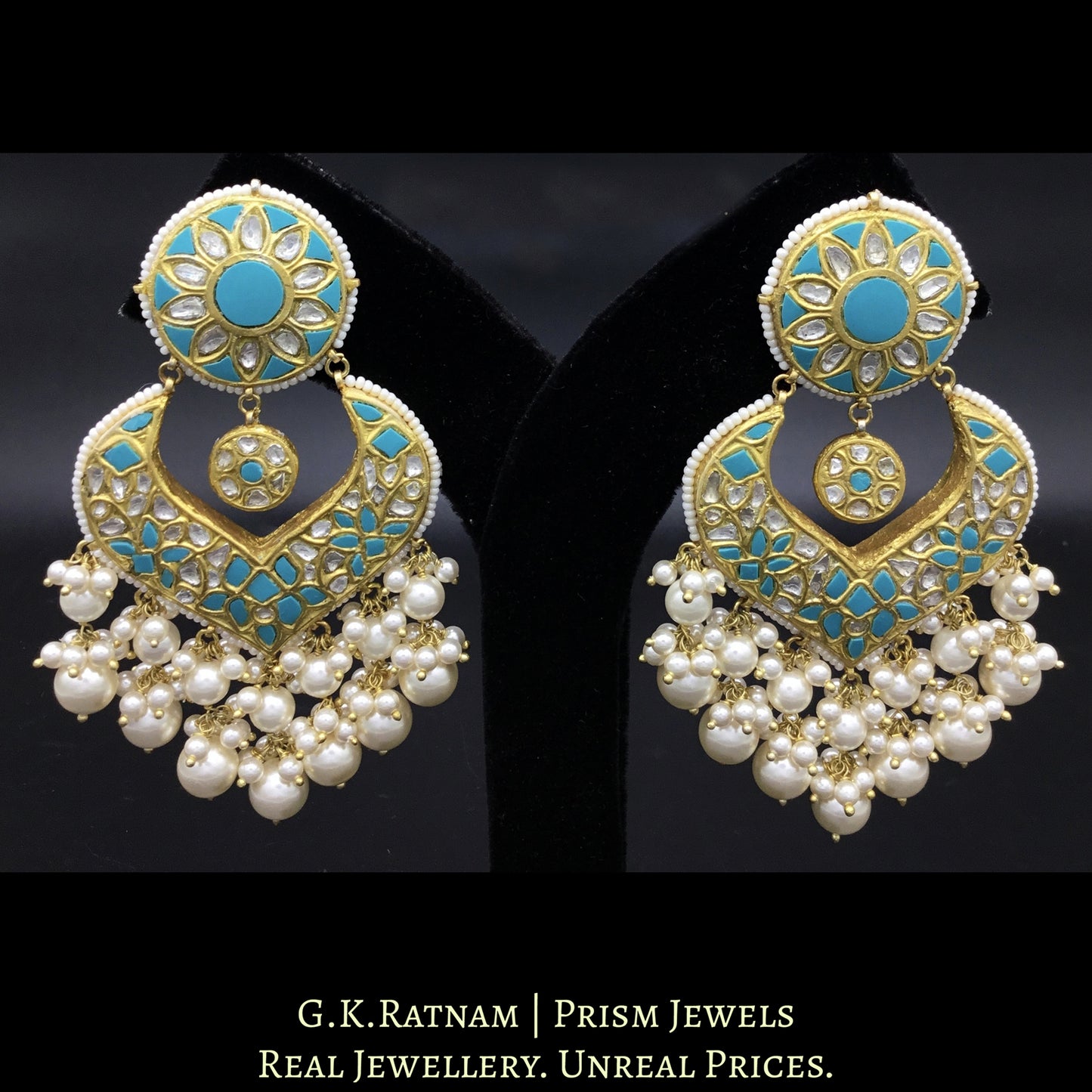 23k Gold and Diamond Polki Chand Bali Earring Pair with Firozas - G. K. Ratnam