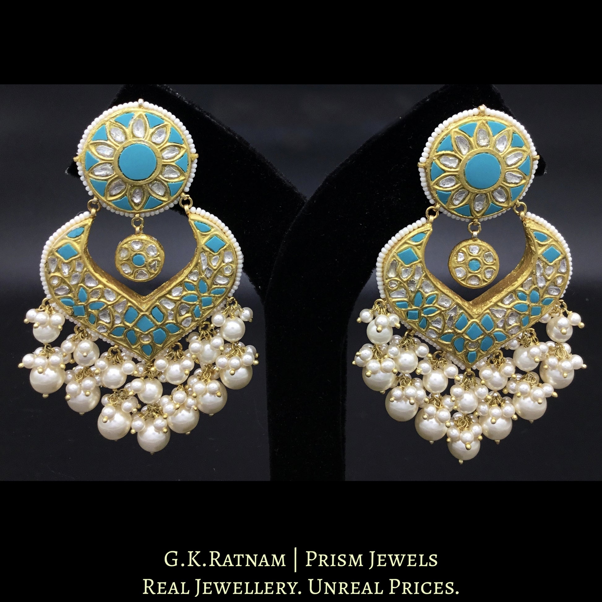 23k Gold and Diamond Polki Chand Bali Earring Pair with Firozas - G. K. Ratnam