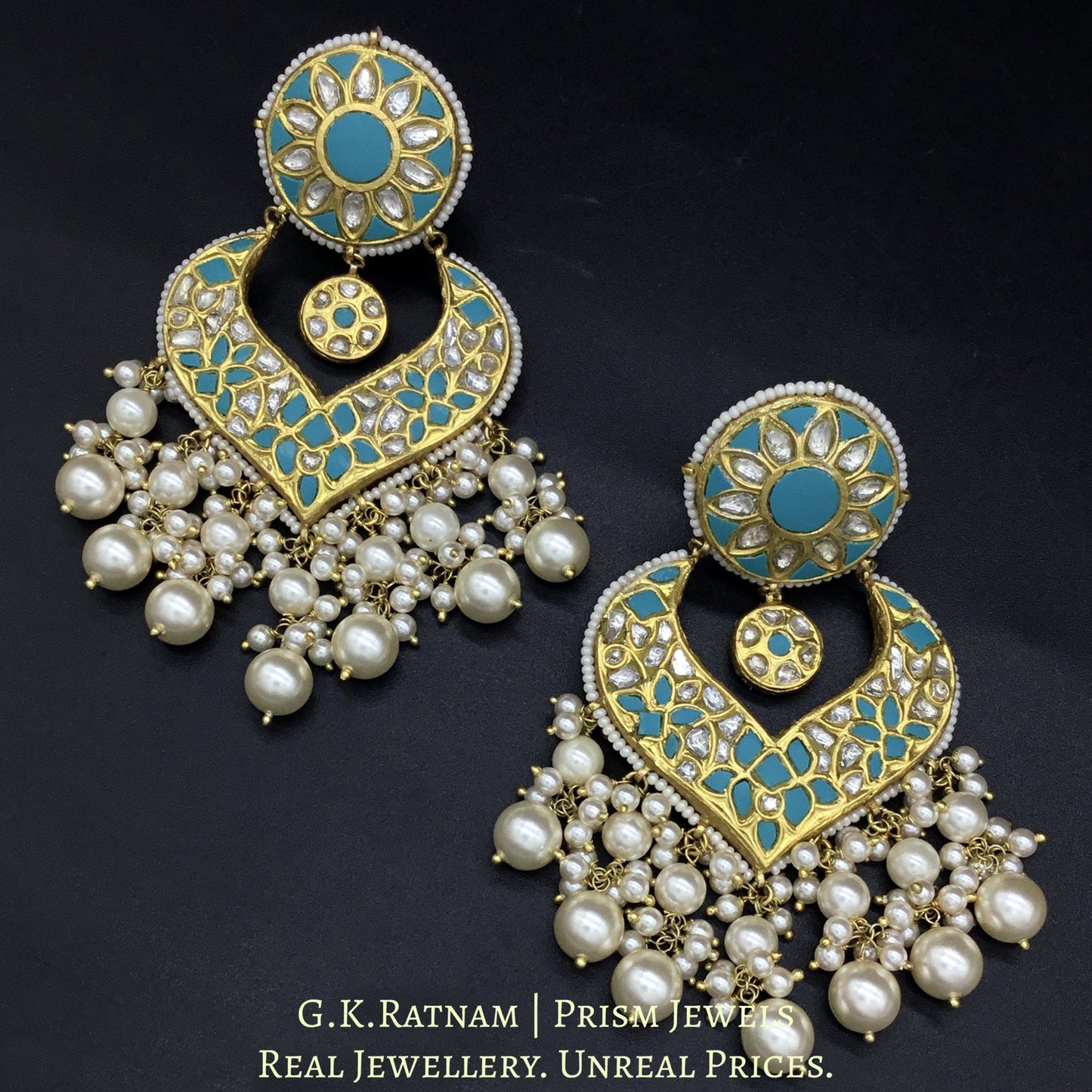 23k Gold and Diamond Polki Chand Bali Earring Pair with Firozas - G. K. Ratnam