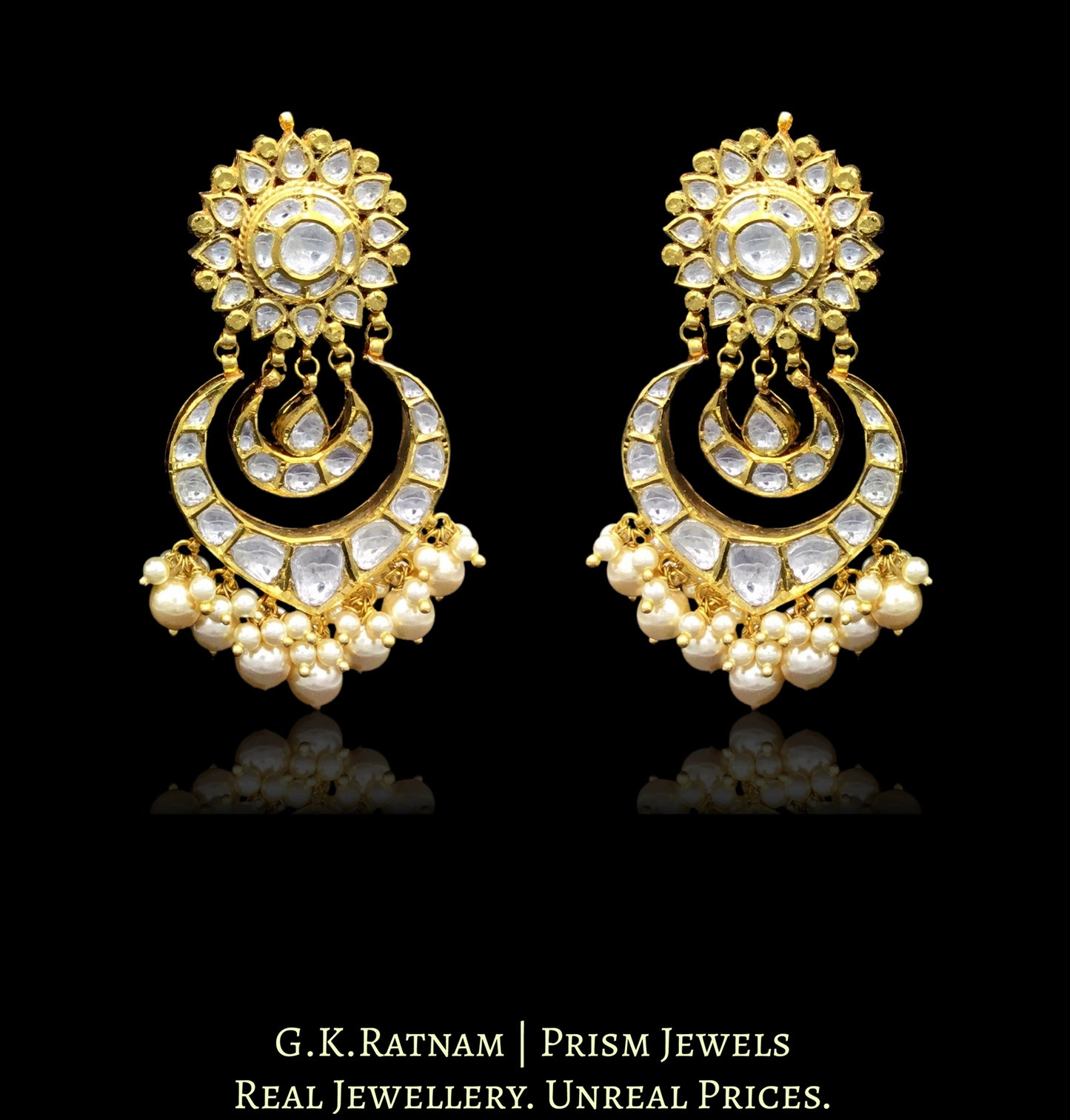 18k Gold and Diamond Polki Chand Bali Earring pair with multiple V-shaped chands - G. K. Ratnam