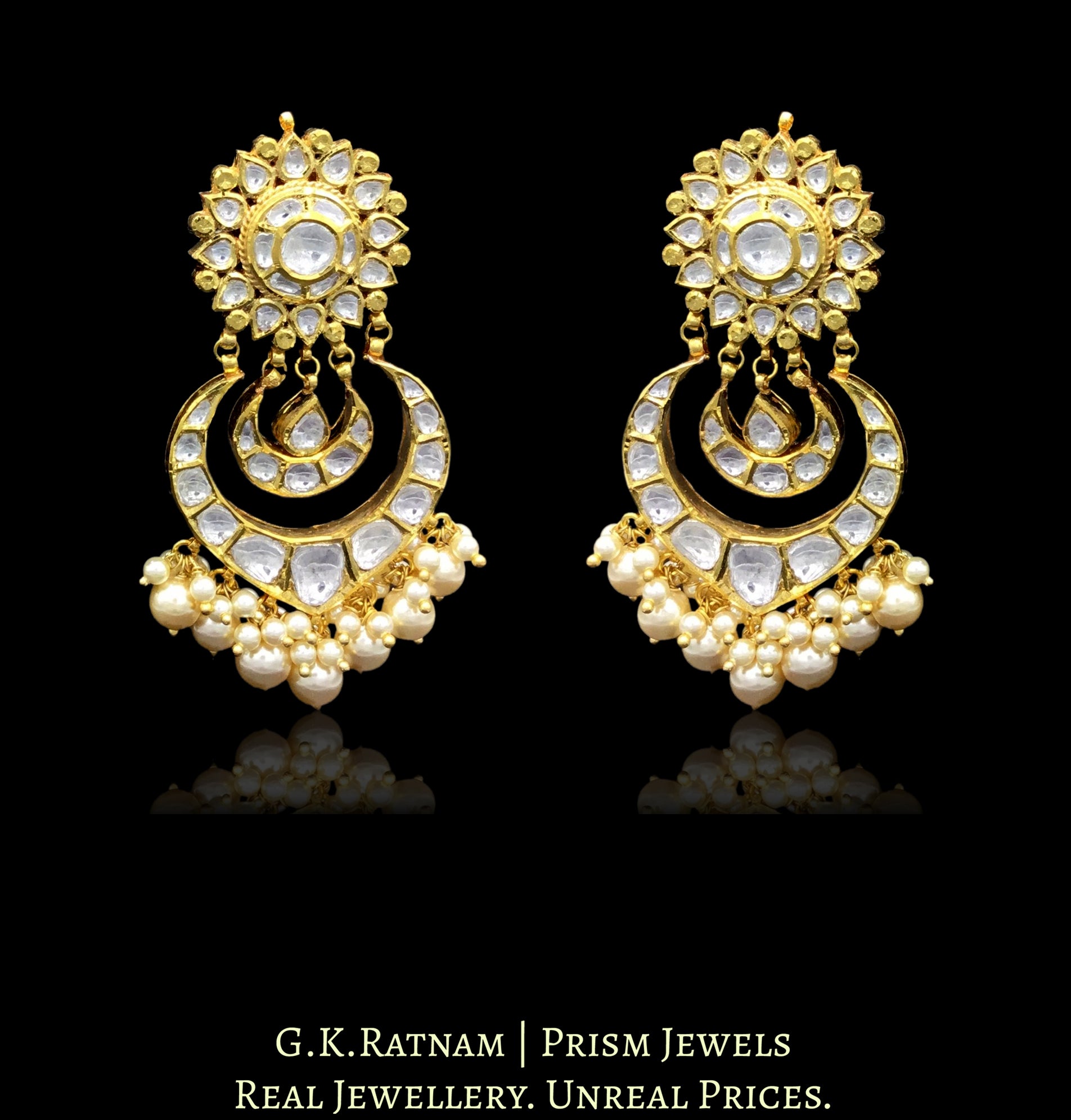 18k Gold and Diamond Polki Chand Bali Earring pair with multiple V-shaped chands - G. K. Ratnam