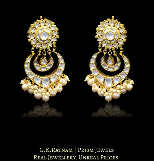 18k Gold and Diamond Polki Chand Bali Earring pair with multiple V-shaped chands - G. K. Ratnam