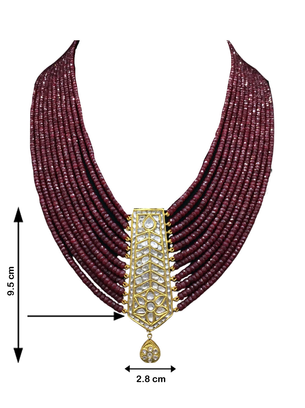 23k Gold and Diamond Polki tie-shaped Pendant with Natural Rubies