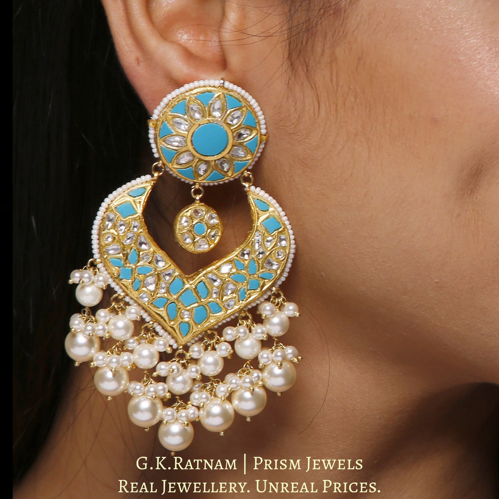 23k Gold and Diamond Polki Chand Bali Earring Pair with Firozas - G. K. Ratnam