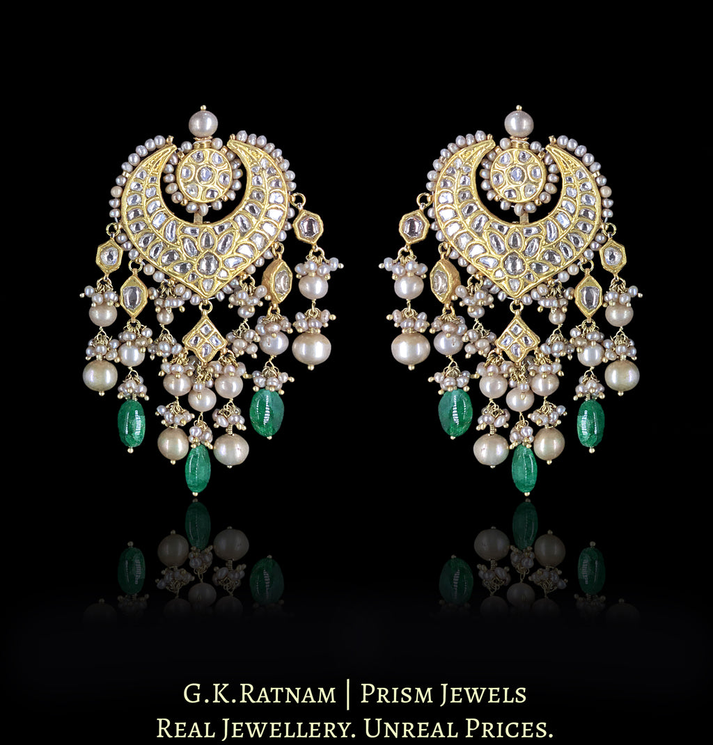 23k Gold and Diamond Polki Chand Bali Earring Pair with Antiqued Hyderabadi Pearls and Green Beryls