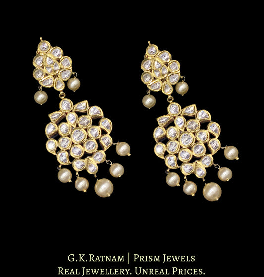 Traditional Gold and Diamond Polki two-step Long Earring Pair with south-sea-like pearl hangings - G. K. Ratnam