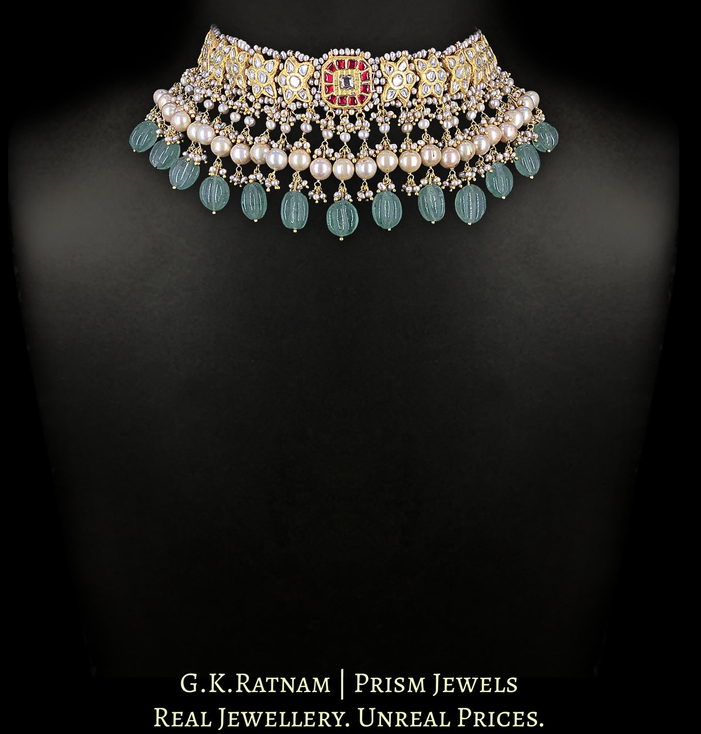 23k Gold and Diamond Polki Choker Necklace Set enhanced with Antiqued Freshwater Pearls and Green Strawberry Quartz Melons
