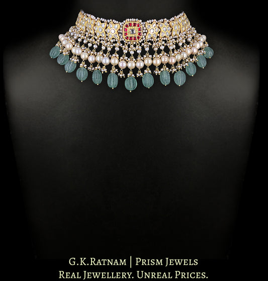 23k Gold and Diamond Polki Choker Necklace Set enhanced with Antiqued Freshwater Pearls and Green Strawberry Quartz Melons