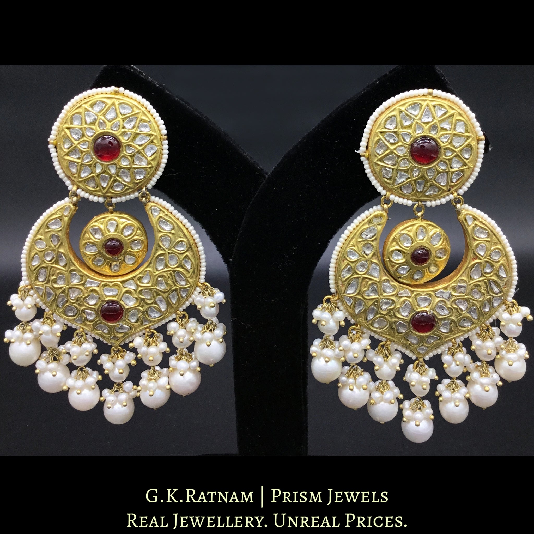 23k Gold and Diamond Polki Chand Bali Earring Pair with ruby-red center