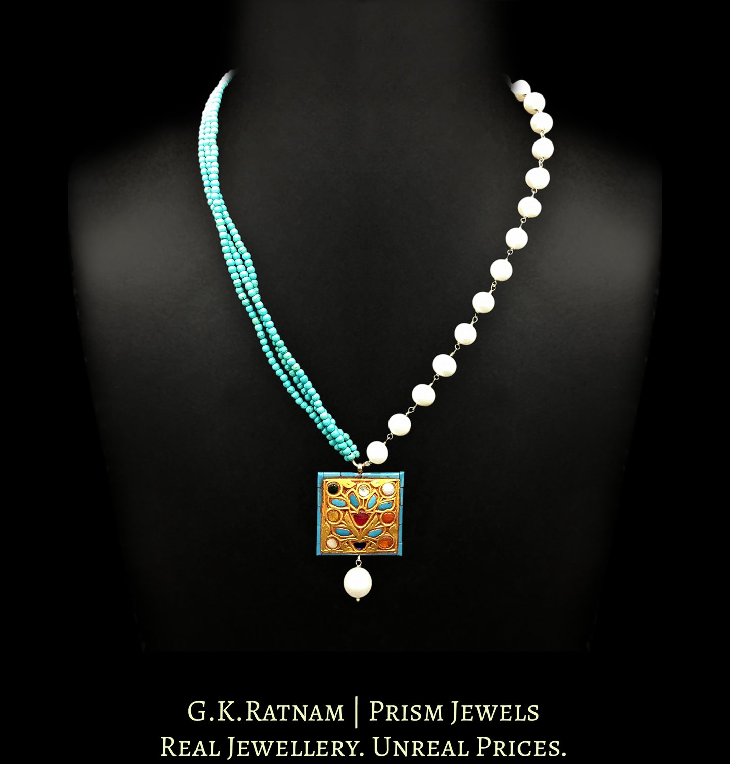 23k Gold and Diamond Polki small Navratna Pendant with Turquoise walls - G. K. Ratnam