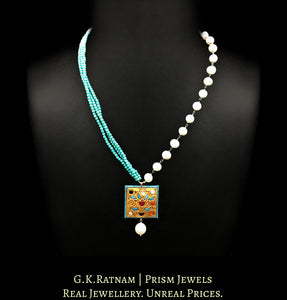 23k Gold and Diamond Polki small Navratna Pendant with Turquoise walls - G. K. Ratnam