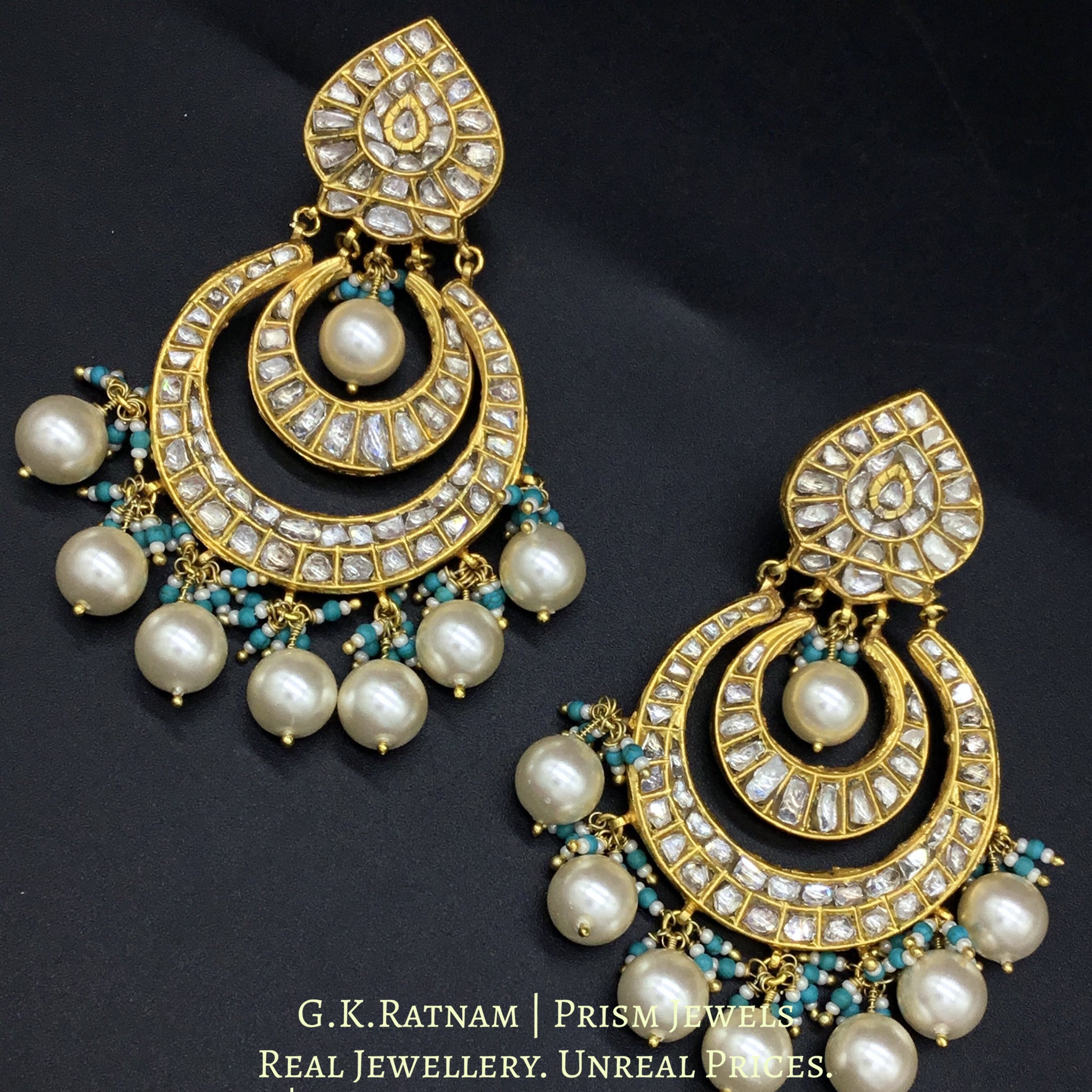 23k Gold and Diamond Polki Chand Bali Earring pair with multiple chands and firoza beads