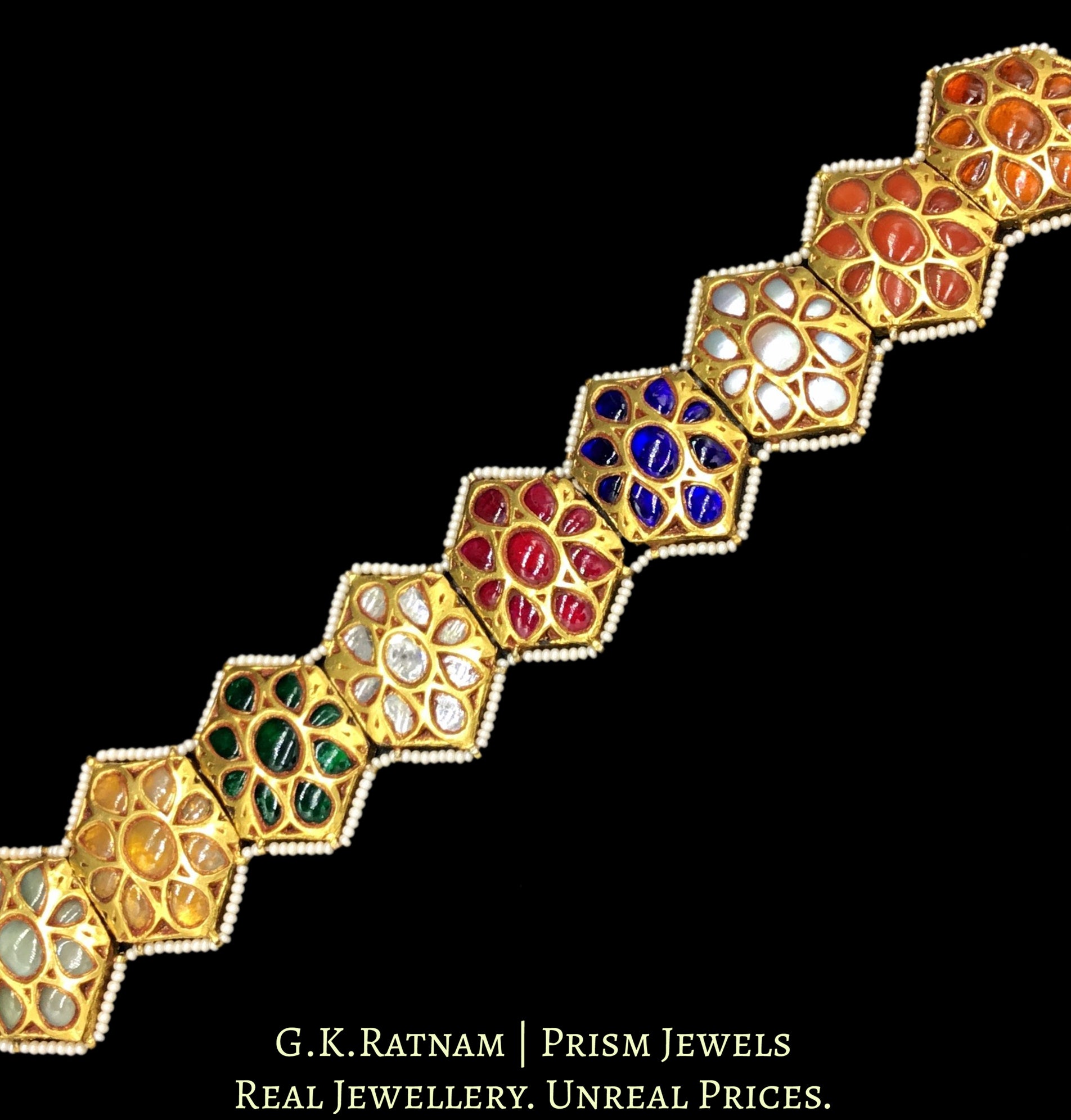 23k Gold and Diamond Polki Hexagonal Bracelet with Navratna Stones - G. K. Ratnam