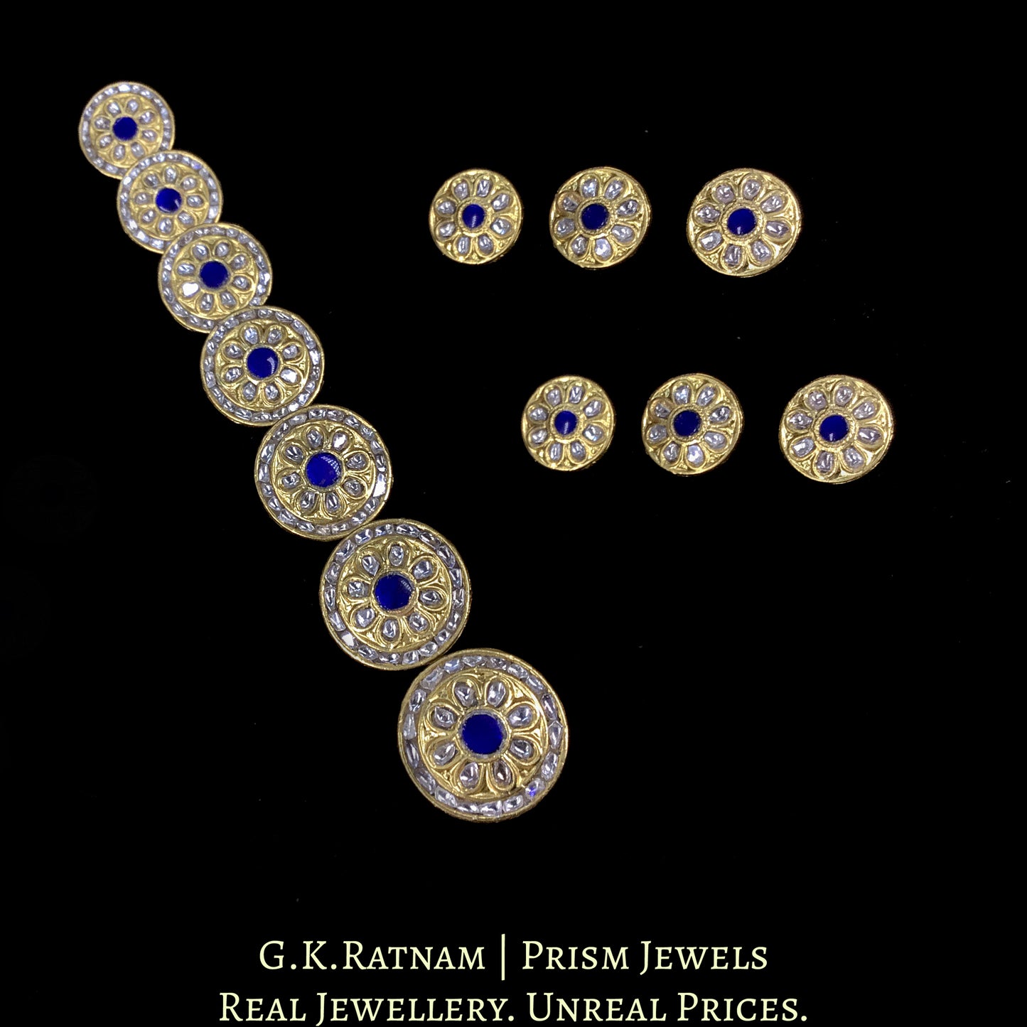 23k Gold and Diamond Polki Sherwani Buttons for Men with Blue Center - G. K. Ratnam
