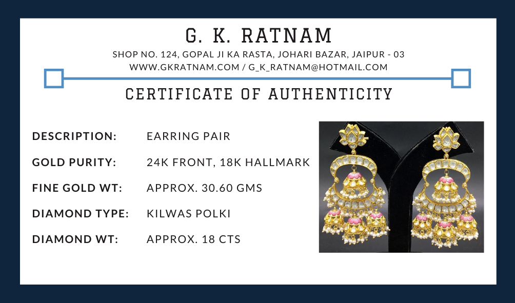 18k Gold and Diamond Polki Chand Bali Earring Pair with three pairs of Pink Enamel Jhumkas - G. K. Ratnam