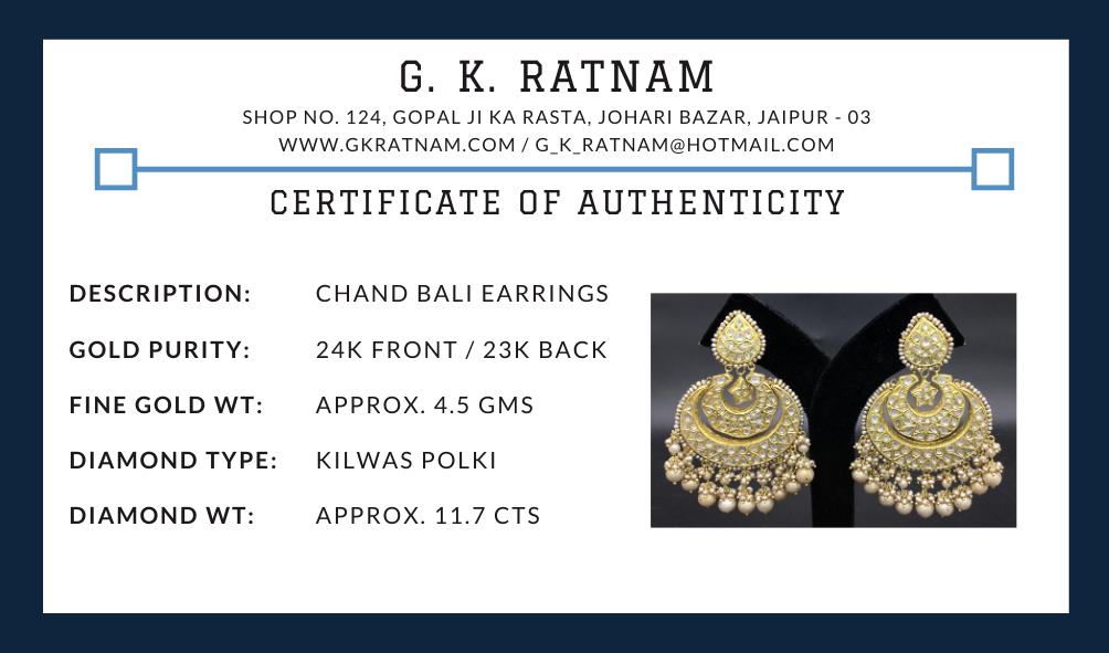 23k Gold and Diamond Polki Chand Bali Earring Pair with antique basra-look-alike pearls