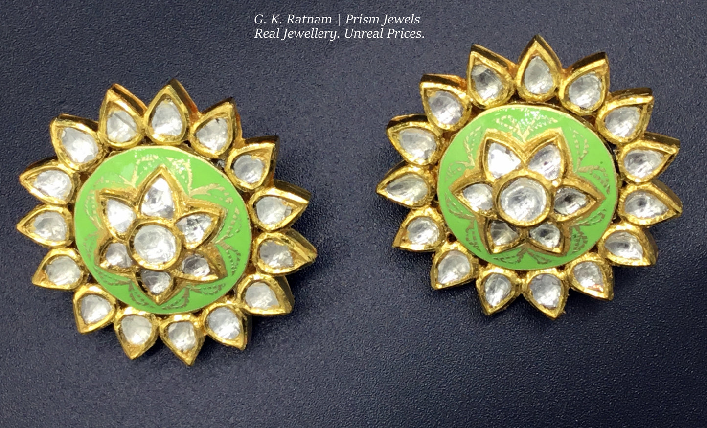 18k Gold and Diamond Polki peridot-green enamel Karanphool Earring Pair - G. K. Ratnam
