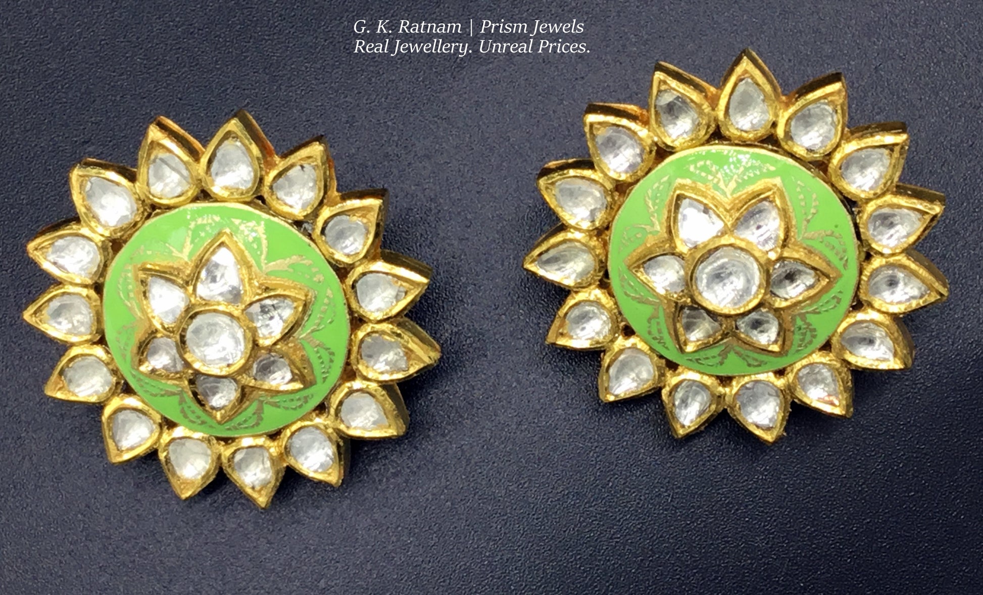 18k Gold and Diamond Polki peridot-green enamel Karanphool Earring Pair - G. K. Ratnam