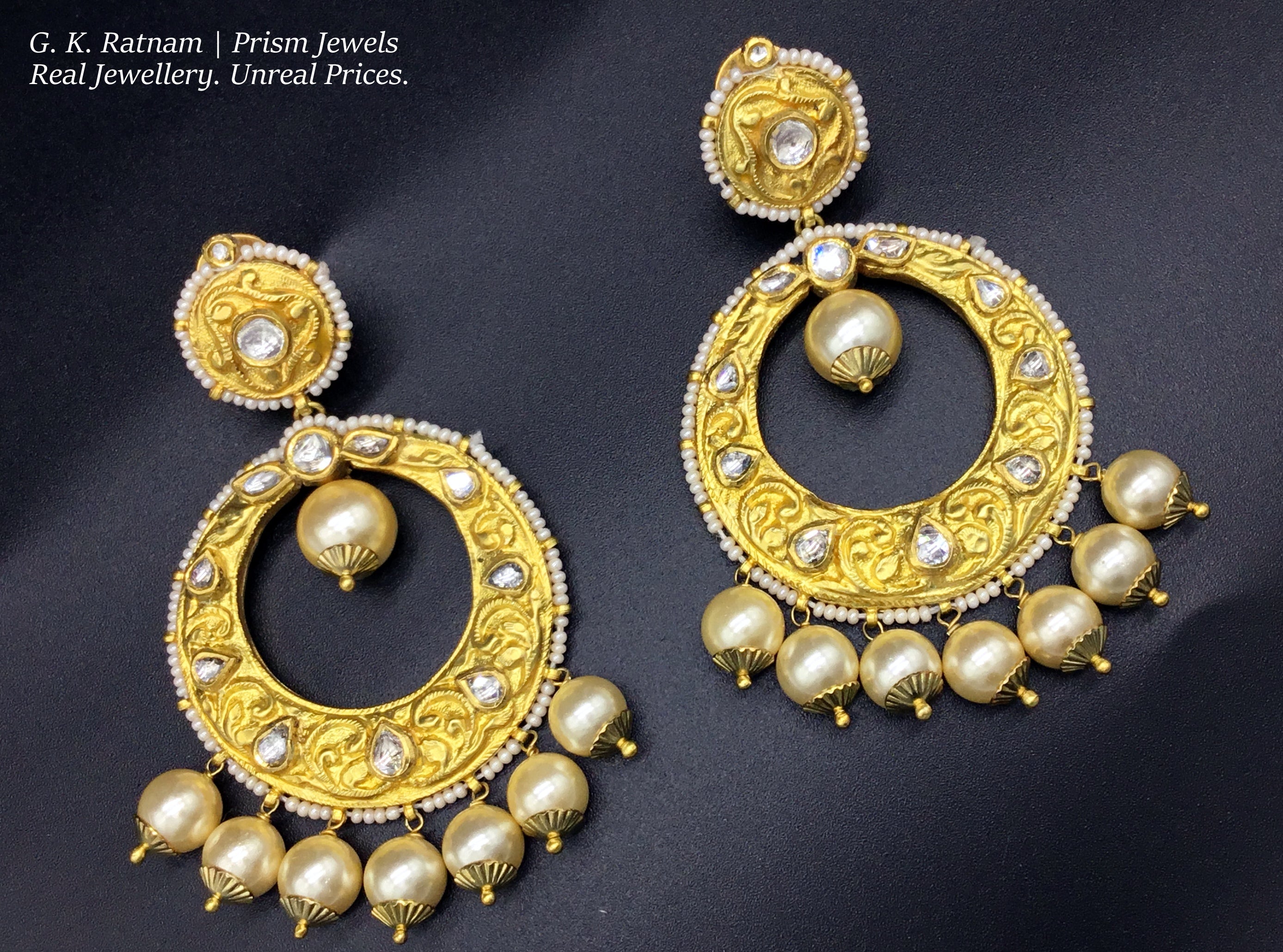 18k Gold and Diamond Polki Chand Bali Earring Pair with Chitai - G. K. Ratnam