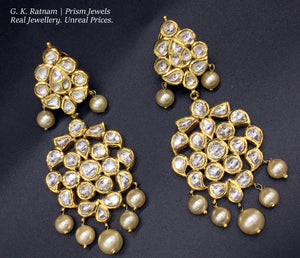 Traditional Gold and Diamond Polki two-step Long Earring Pair with south-sea-like pearl hangings - G. K. Ratnam