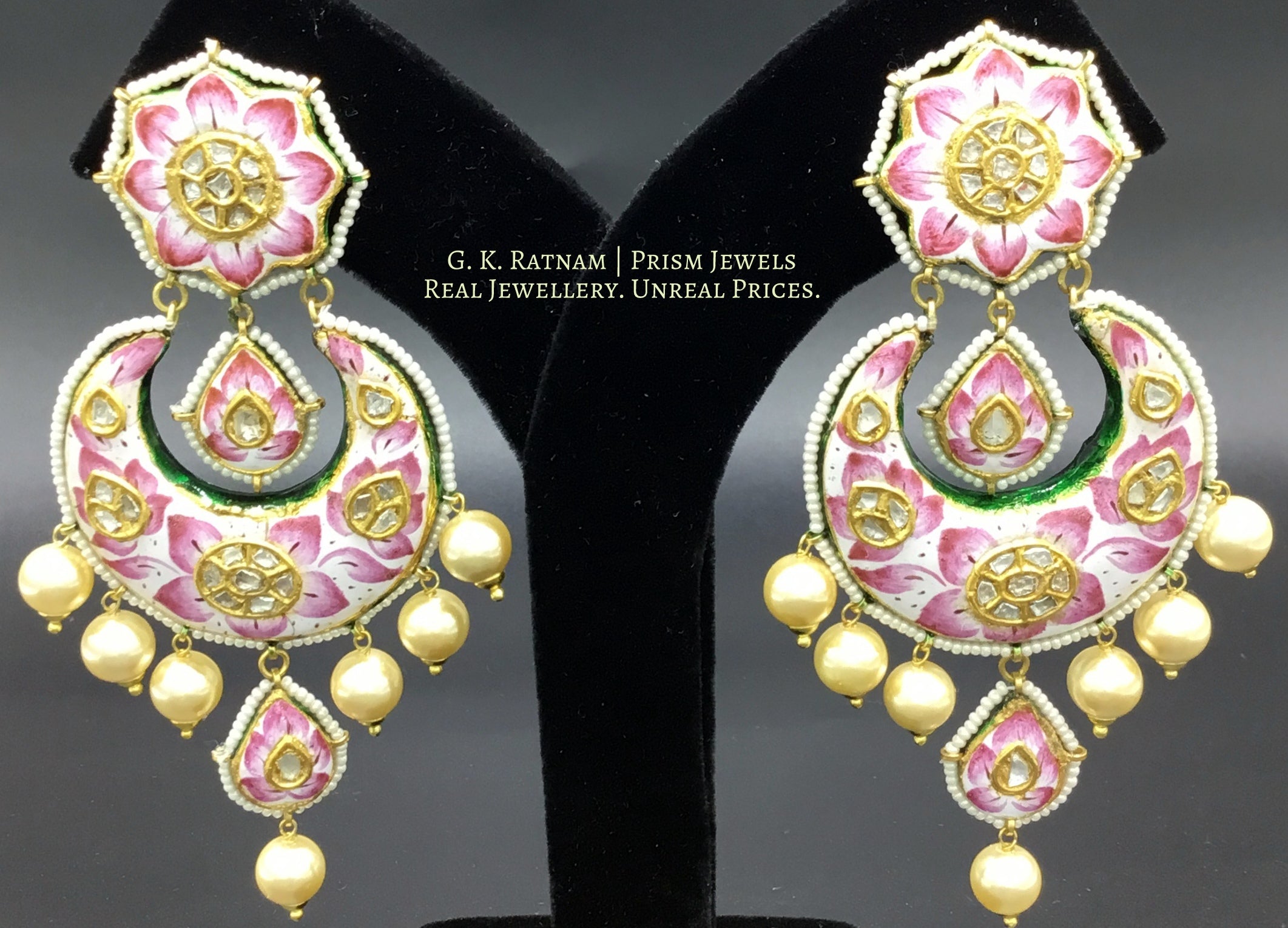 23k Gold and Diamond Polki Chand Bali Earring Pair with Pink Enamelling - G. K. Ratnam