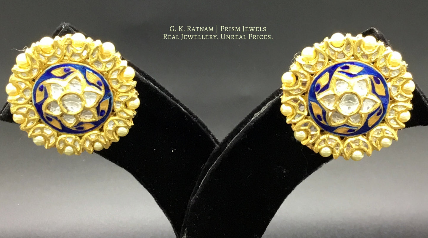 18k Gold and Diamond Polki Karnfool Pair with Blue Meenakari - G. K. Ratnam