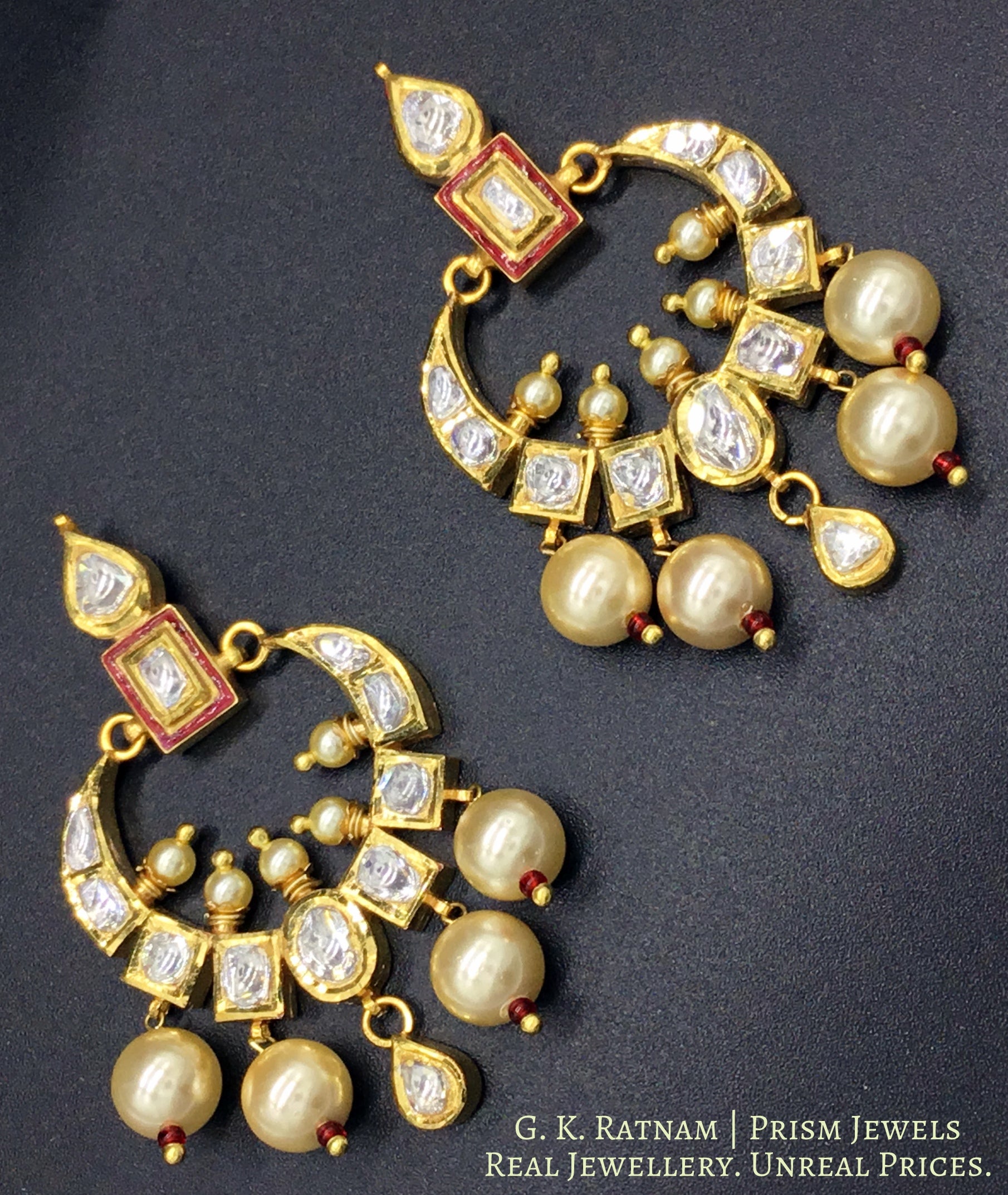 18k Gold and Diamond Polki Small Chand Bali Earring Pair with Red Enamel - G. K. Ratnam