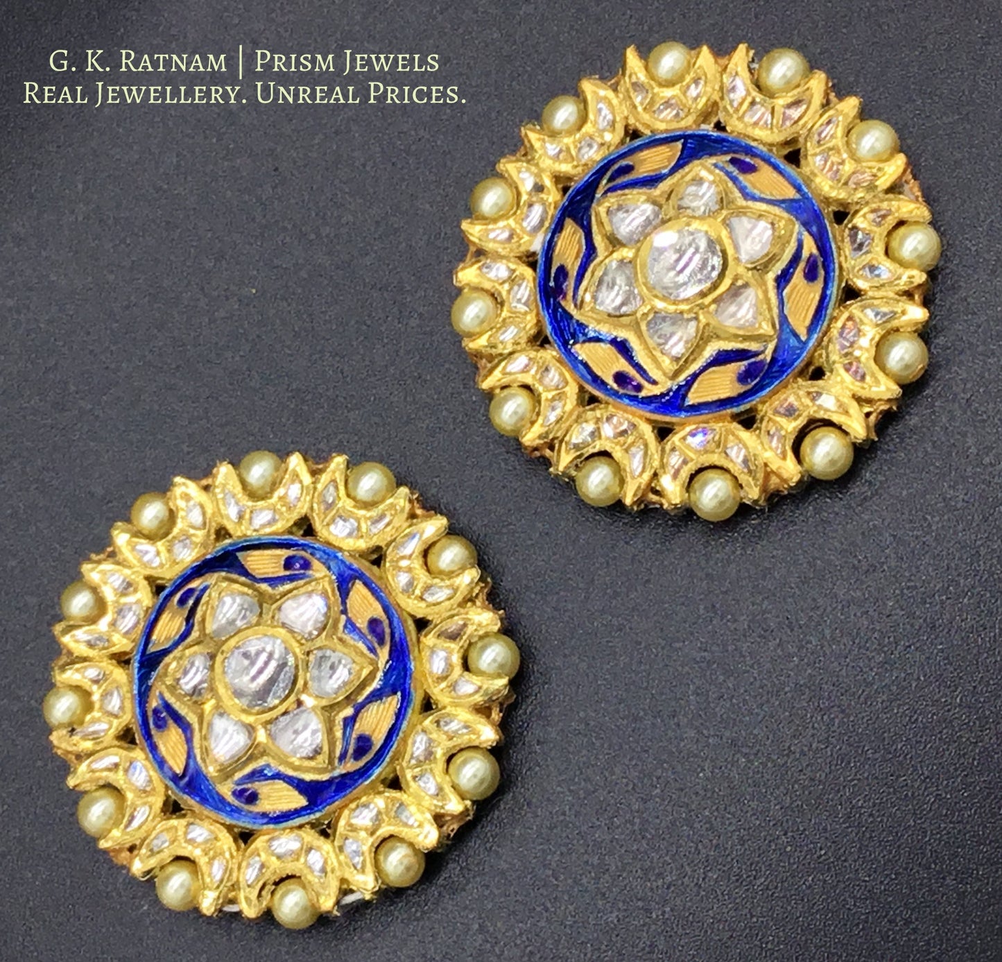18k Gold and Diamond Polki Karnfool Pair with Blue Meenakari - G. K. Ratnam