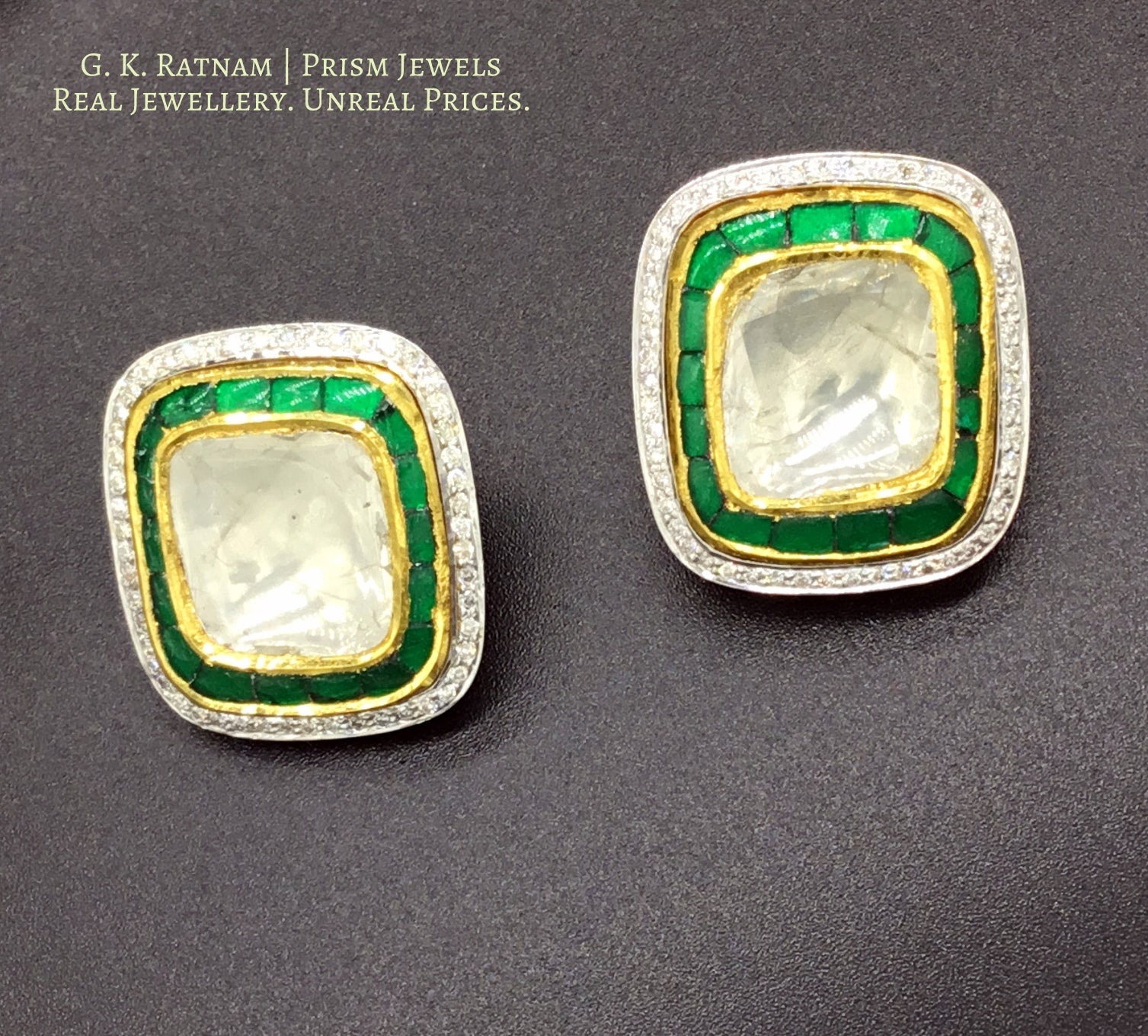 18k Gold and Diamond Polki Tops / Studs Earring Pair with big uncuts and emerald-green stones - G. K. Ratnam