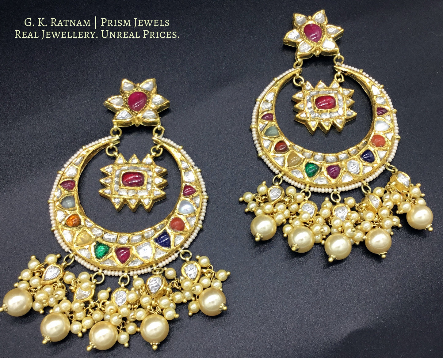 18k Gold and Diamond Polki Navratna Chand Bali Earring Pair strung with lustrous pearls - G. K. Ratnam
