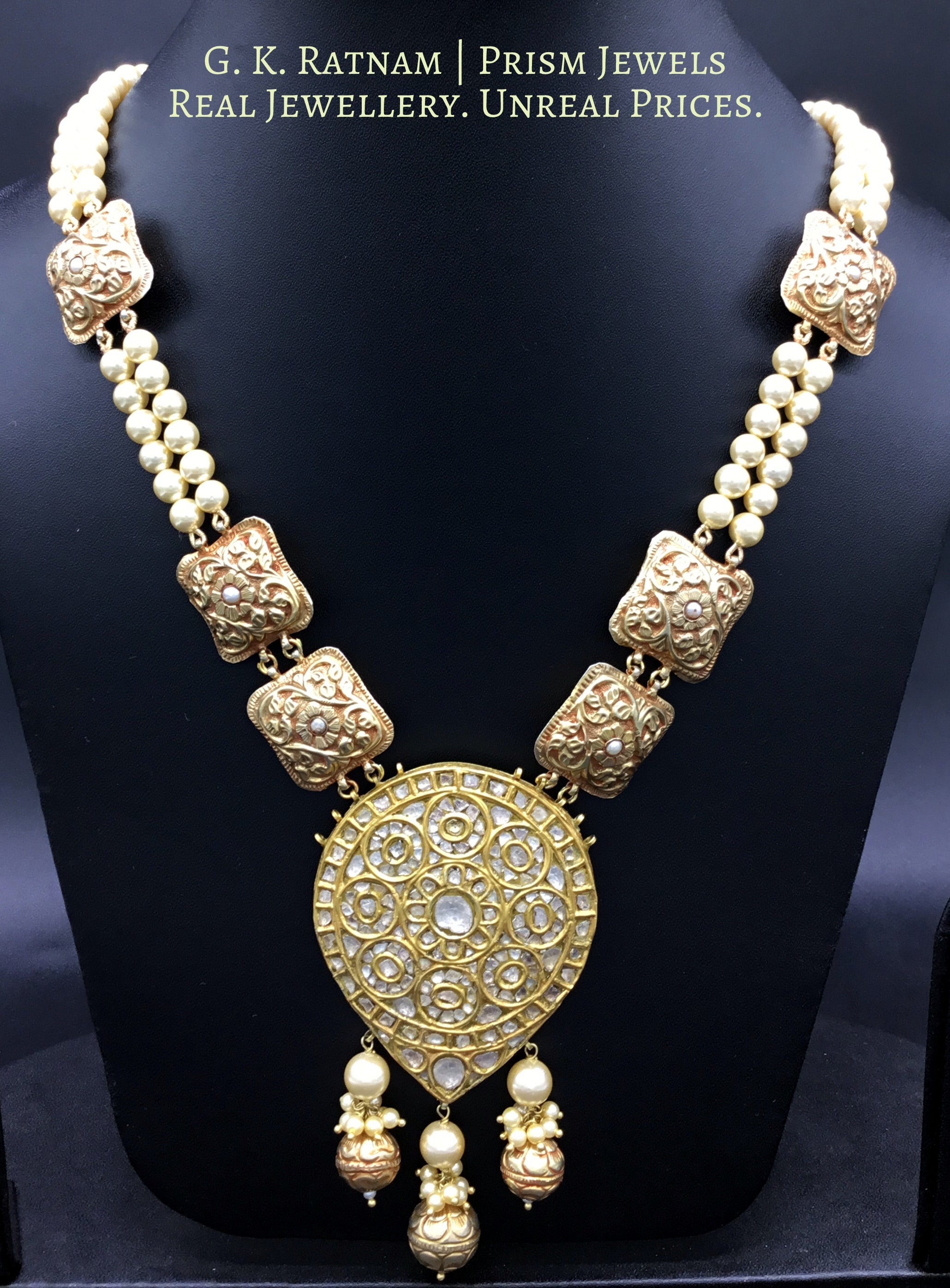 18k Gold and Diamond Polki pear-shaped Pendant strung with pearls and hand-carved golden elements - G. K. Ratnam
