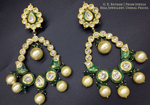 18k Gold and Diamond Polki floral Chand Bali Earring Pair with green enamelling - G. K. Ratnam