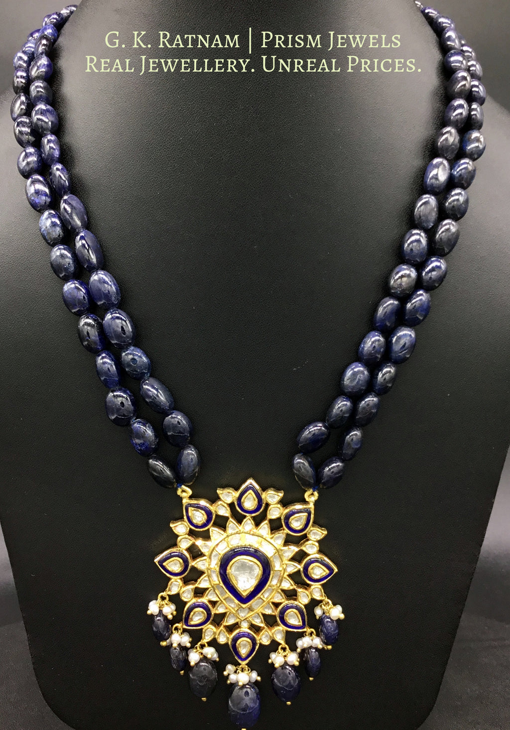 Traditional Gold and Diamond Polki star-shaped Blue Pendant Set with Natural Blue Sapphires - G. K. Ratnam