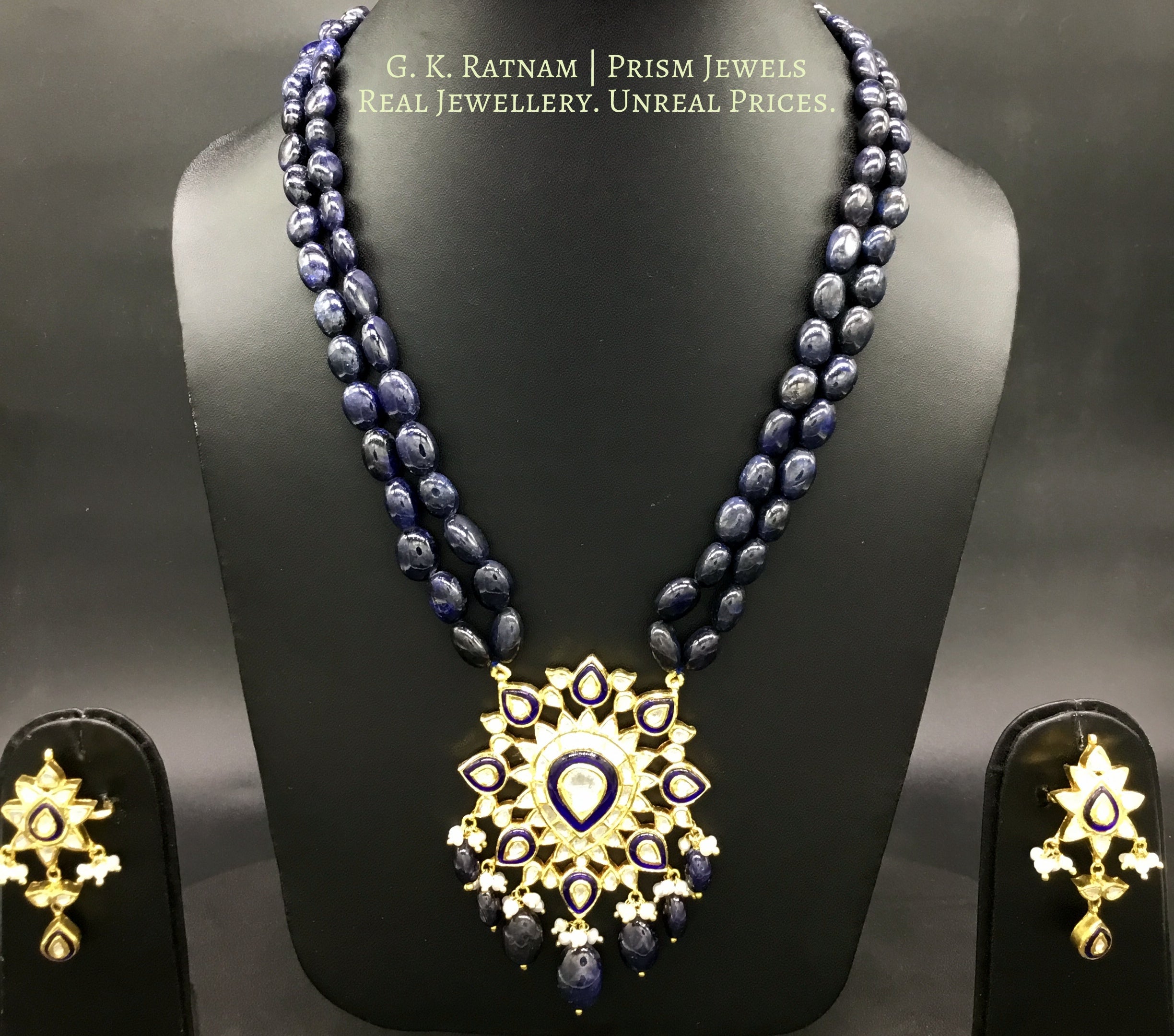 Traditional Gold and Diamond Polki star-shaped Blue Pendant Set with Natural Blue Sapphires - G. K. Ratnam