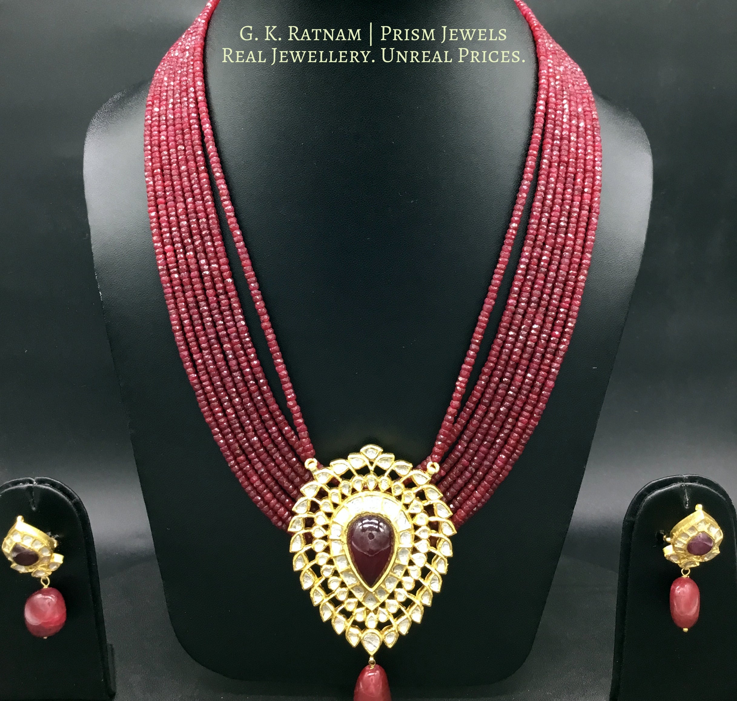18k Gold and Diamond Polki ruby-center Pendant Set in pear (tilak) shape - G. K. Ratnam