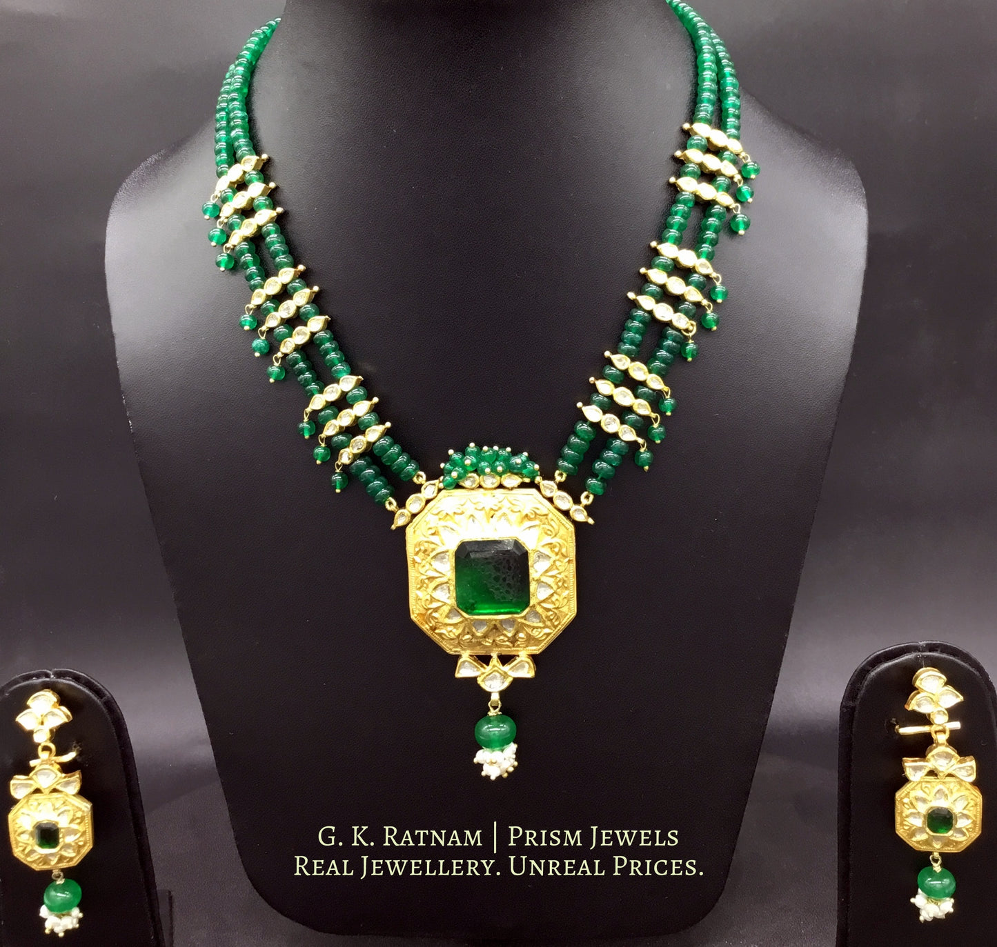 22k Gold and Diamond Polki green-center Octagon Pendant Set with polki leafs strung in natural emerald beads - G. K. Ratnam