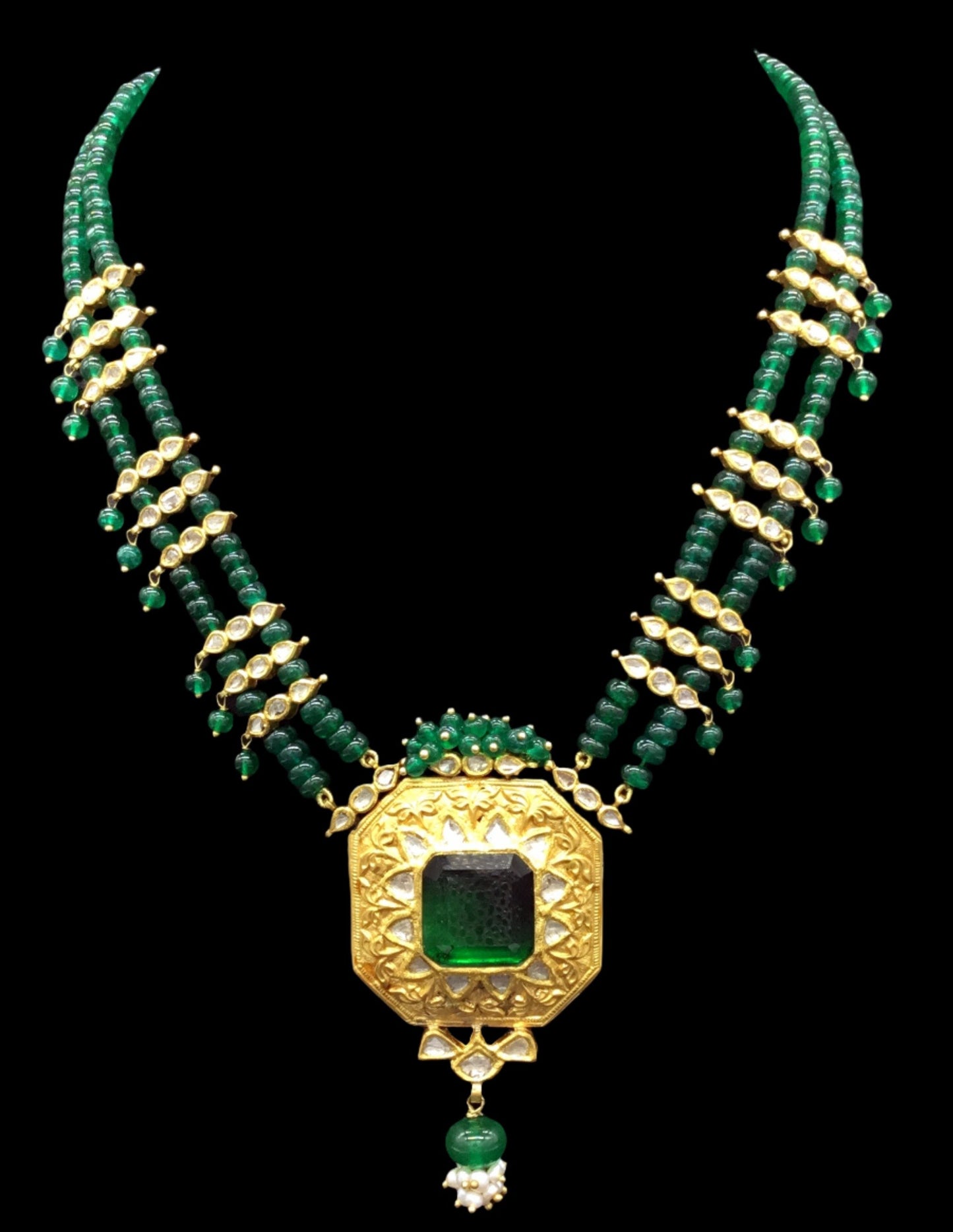 22k Gold and Diamond Polki green-center Octagon Pendant Set with polki leafs strung in natural emerald beads - G. K. Ratnam