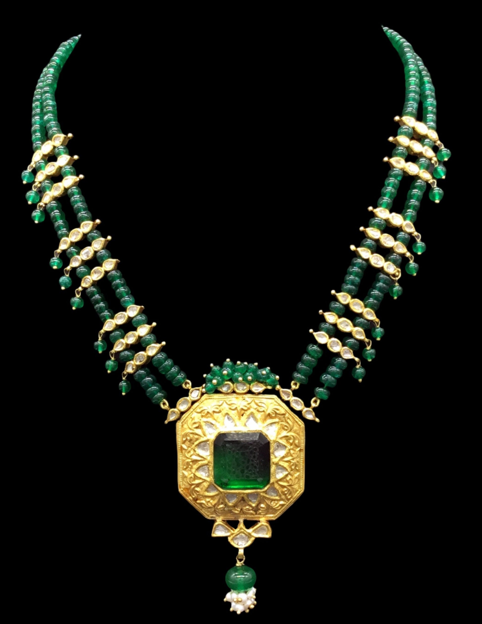 22k Gold and Diamond Polki green-center Octagon Pendant Set with polki leafs strung in natural emerald beads - G. K. Ratnam