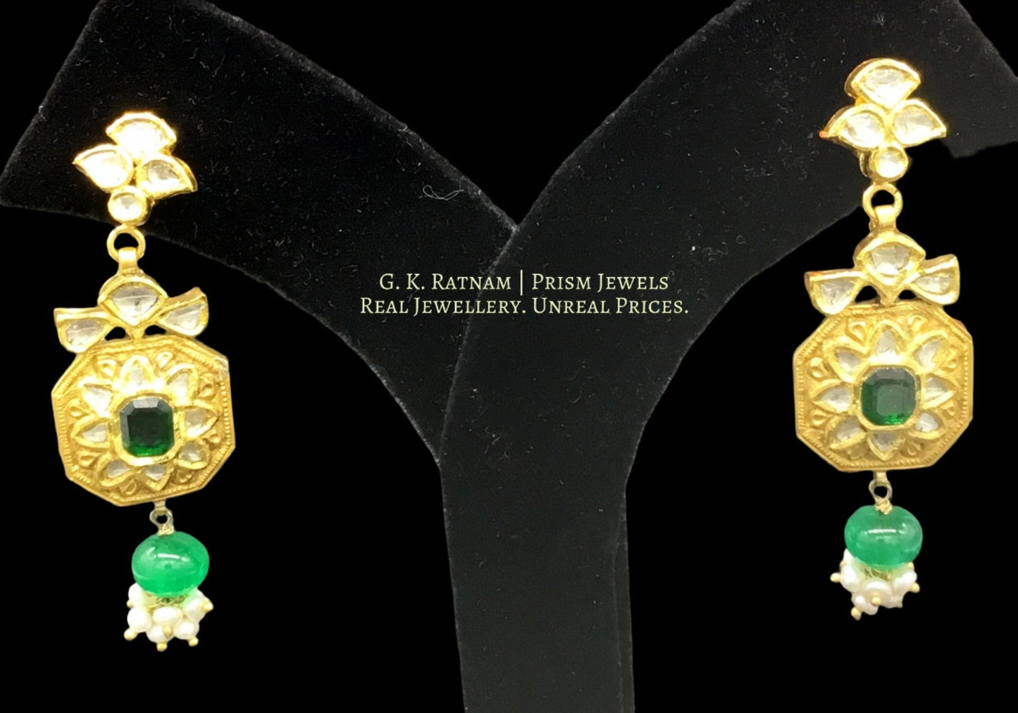 22k Gold and Diamond Polki green-center Octagon Pendant Set with polki leafs strung in natural emerald beads - G. K. Ratnam