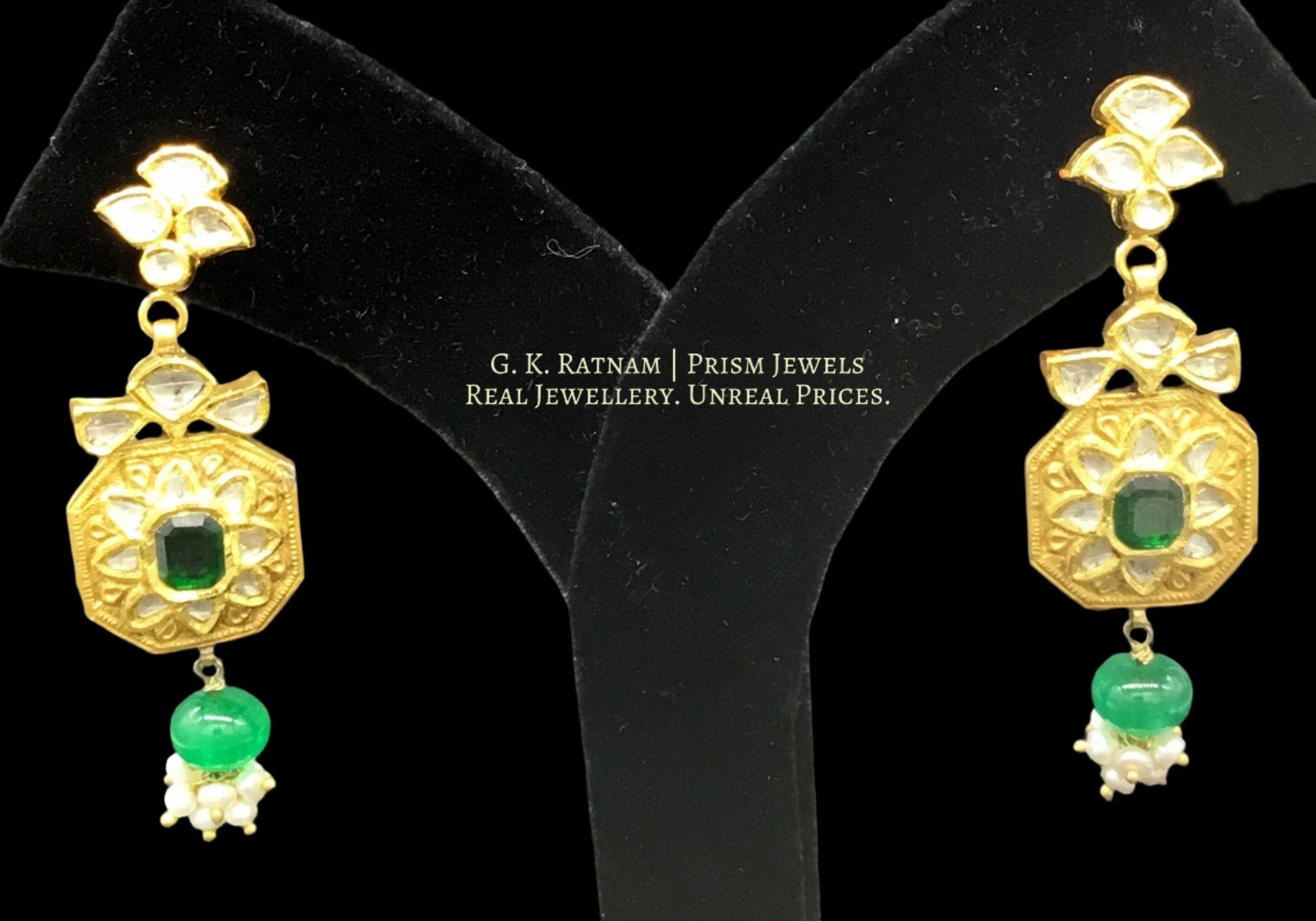 22k Gold and Diamond Polki green-center Octagon Pendant Set with polki leafs strung in natural emerald beads - G. K. Ratnam