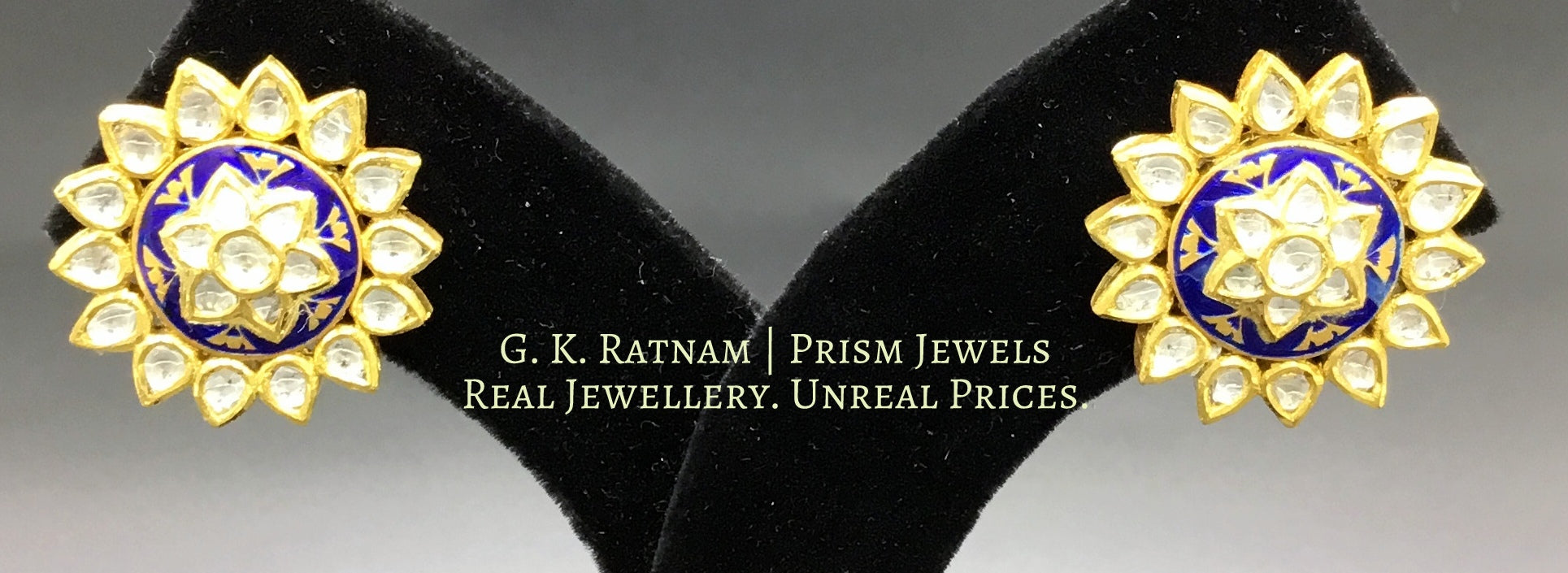 18k Gold and Diamond Polki Karnfool Pair with Blue Enamelling - G. K. Ratnam
