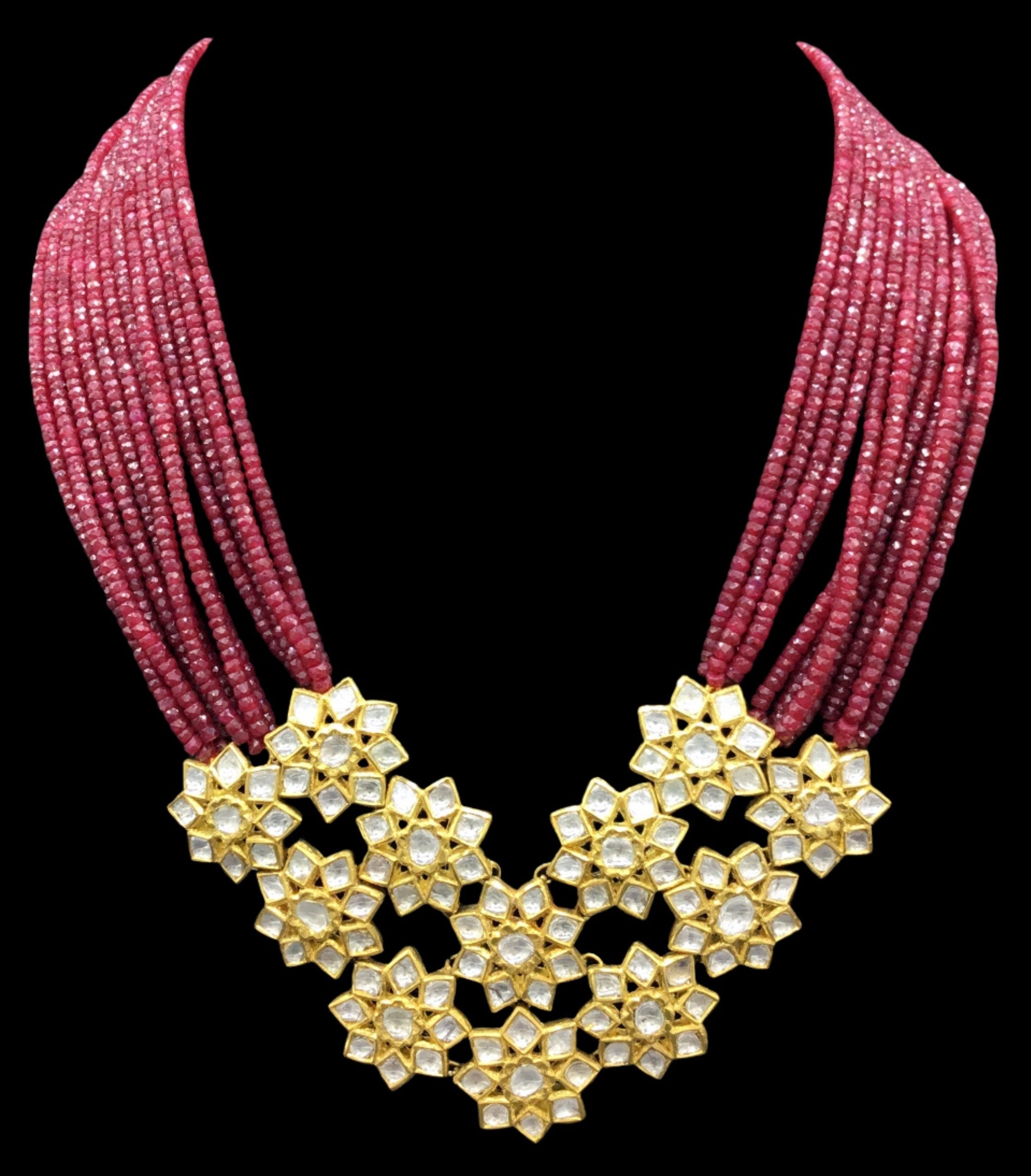 18k Gold and Diamond Polki Pendant with interlinked stars strung on Natural Ruby cut beads - G. K. Ratnam