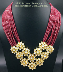 18k Gold and Diamond Polki Pendant with interlinked stars strung on Natural Ruby cut beads - G. K. Ratnam