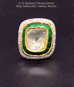 18k Gold and Diamond Polki Fusion Ring with Emerald-Green Outline & Diamond Border - G. K. Ratnam
