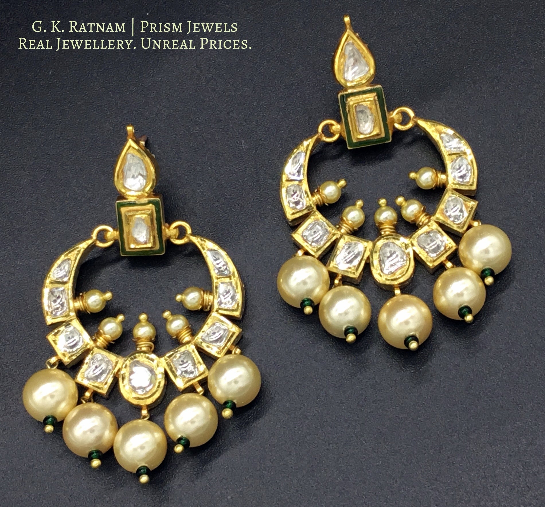 18k Gold and Diamond Polki Chand Bali Earring Pair with a hint of Green Enamel - G. K. Ratnam