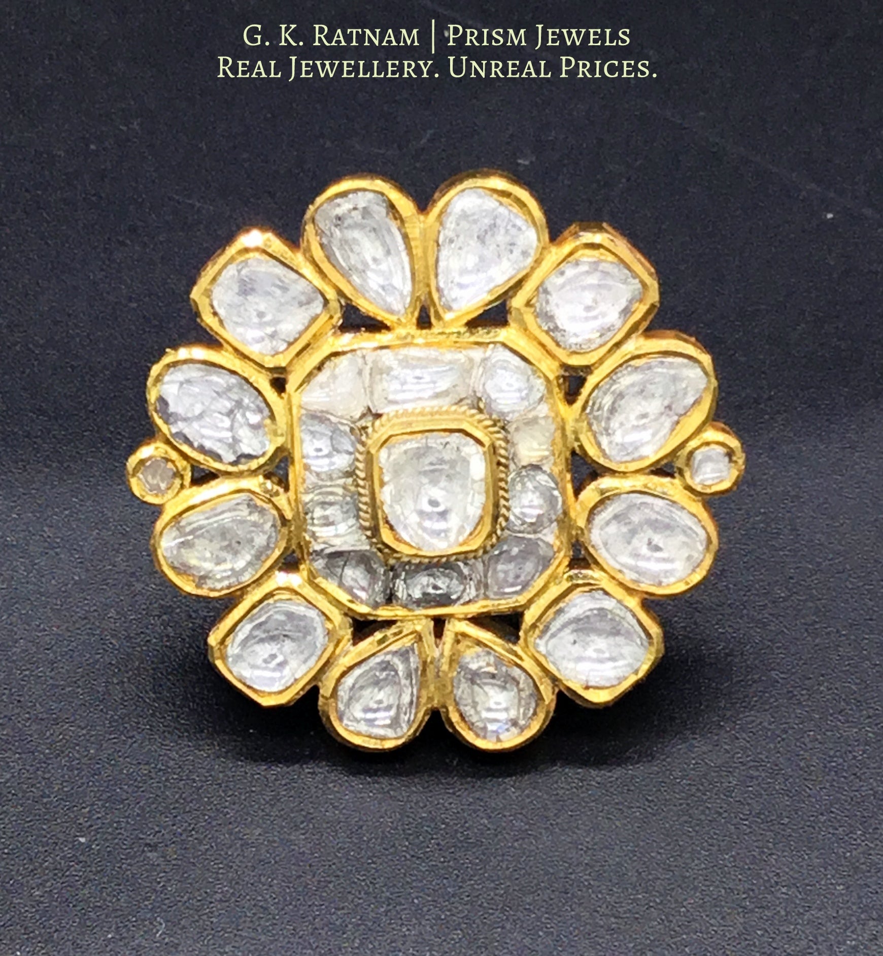 18k Gold and Diamond Polki floral Ring with far sized uncuts - G. K. Ratnam