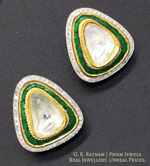 18k Gold and Diamond Polki triangle-shaped Tops / Studs Earring Pair with big uncuts and emerald-green stones - G. K. Ratnam