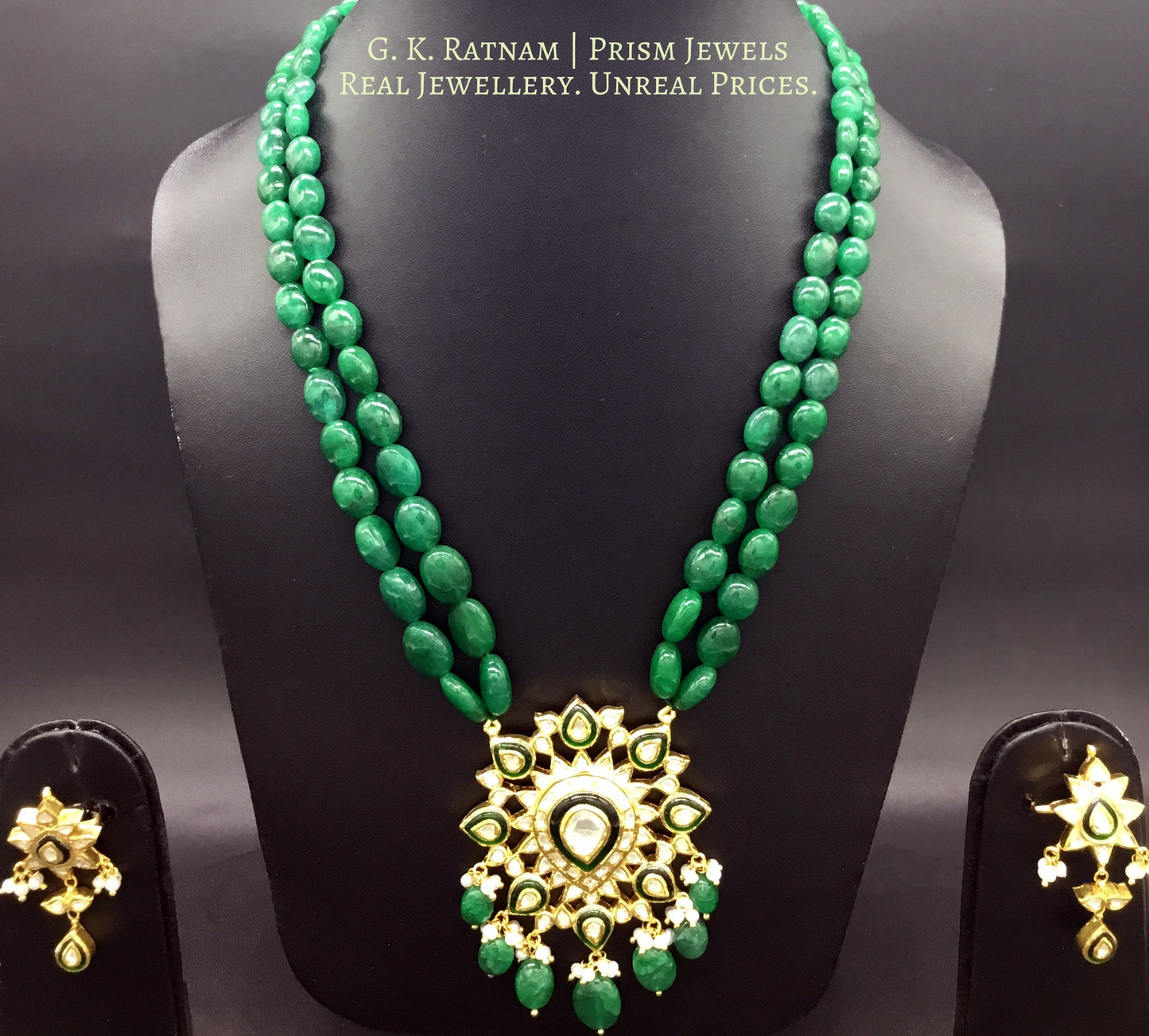Traditional Gold and Diamond Polki star-shaped green Pendant Set with emerald-grade green beryls - G. K. Ratnam