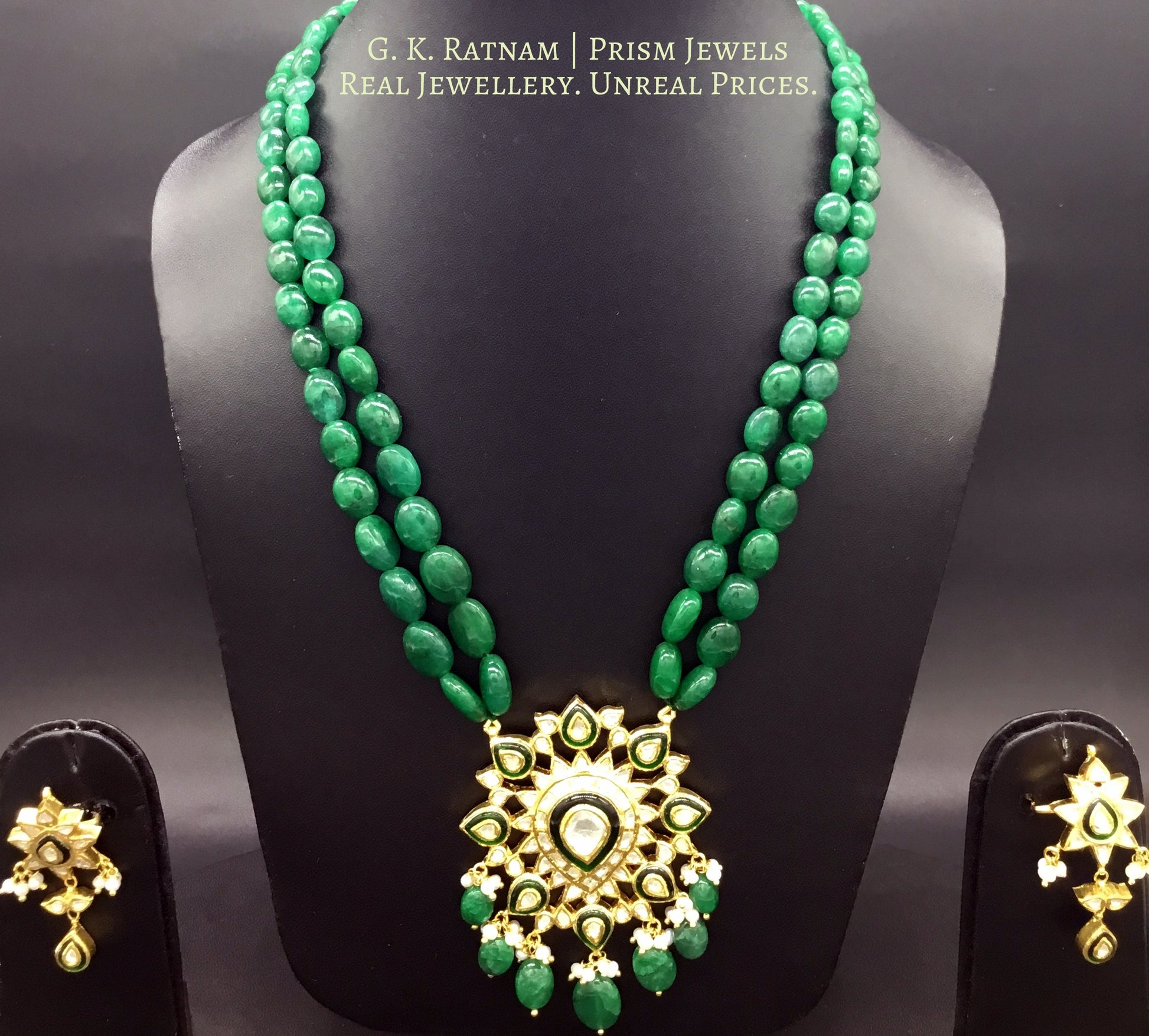 Traditional Gold and Diamond Polki star-shaped green Pendant Set with emerald-grade green beryls - G. K. Ratnam